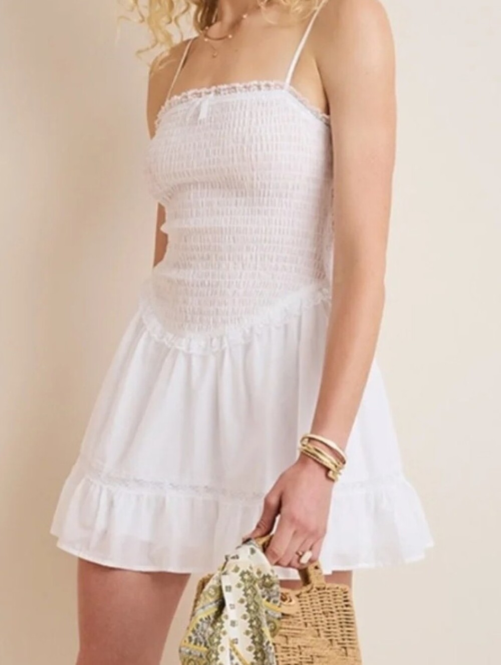 Francesca's Collections White Smocked Ruffle Slip Dress